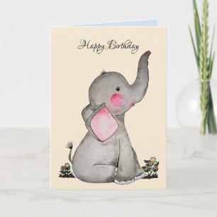 Cartão Watercolor Cute Baby Elephant With Blush & flowers