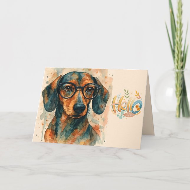 Cartão Watercolor Dachshund Hello Greeting Card (Frente)