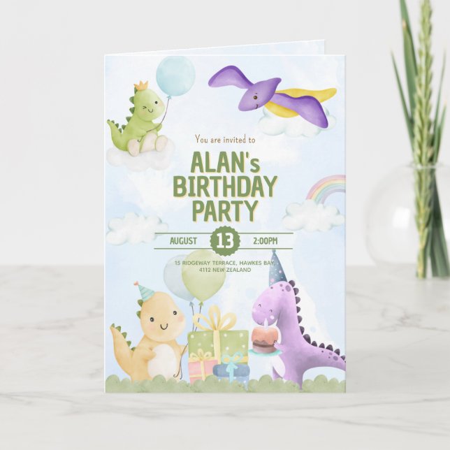 Cartão Watercolor Dinosaur Birthday Invites Greeting Card (Frente)