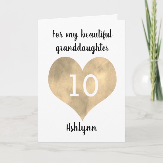 Cartão Watercolor Dourado Heart 10th Birthday (Frente)