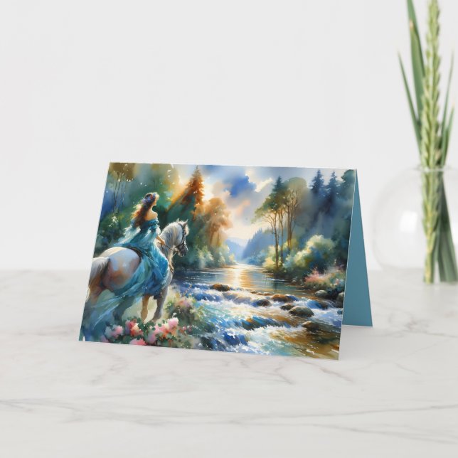 Cartão Watercolor Forest River Horsewoman Dreamscape (Frente)