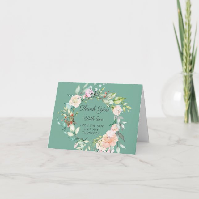 Cartão Watercolor Greenery Floral Weding Obrigado (Frente)