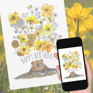 Cartão Watercolor Groundhog e Buttercups Parabéns