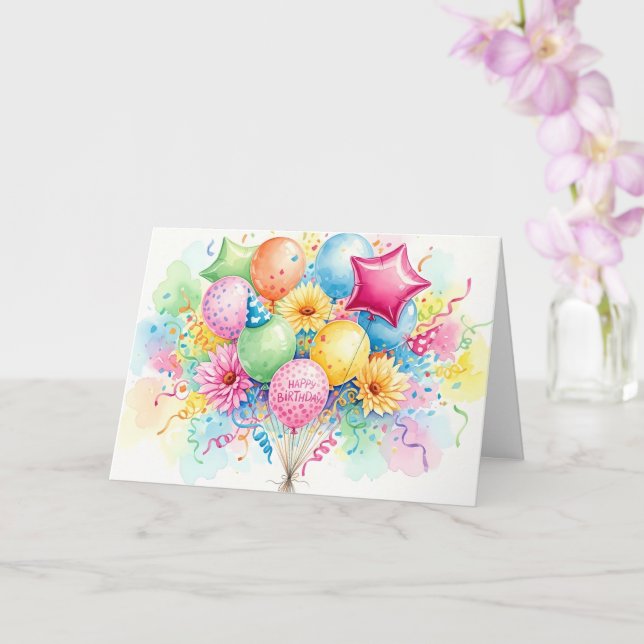 Cartão Watercolor Happy Birthday Balloons & Flowers (Orquídea)