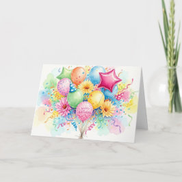 Cartão Watercolor Happy Birthday Balloons & Flowers