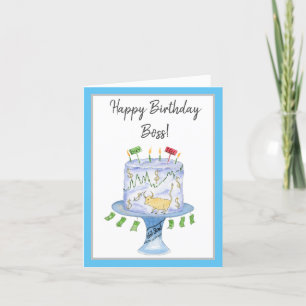 Cartão Watercolor Happy Birthday Boss Stock Market Cake