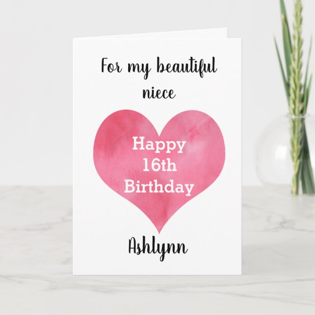 Cartão Watercolor Heart Happy 16º Aniversário Niece (Frente)