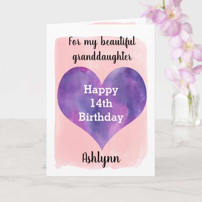 Cartão Watercolor Heart Pink and Purple 14 Birthday (Orquídea)