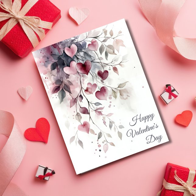 Cartão Watercolor Hearts and Flowers Valentine's Greeting (Criador carregado)