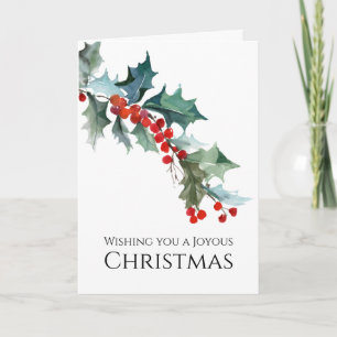 Cartão Watercolor Holly Sprig Joyous Christmas