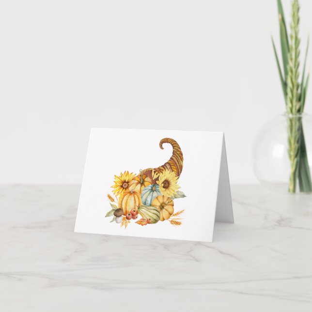 Cartão Watercolor Horn of Plenty with Pumpkins, Sunflower (Frente)