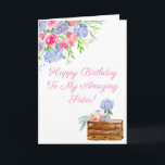 Cartão Watercolor Hydrangeas Happy Birthday Sister<br><div class="desc">Aquarela de Hydrangeas,  Rosas,  GReenery com uma caixa segurando Hydrangea em um vaso. Pode mudar facilmente a redação!</div>