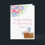 Cartão Watercolor Hydrangeas Happy Birthday Sister<br><div class="desc">Aquarela de Hydrangeas,  Rosas,  GReenery com uma caixa segurando Hydrangea em um vaso. Pode mudar facilmente a redação!</div>