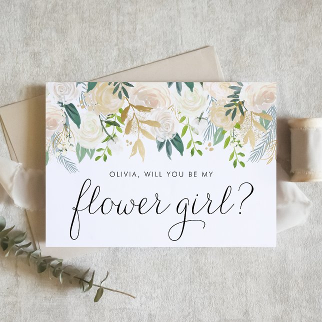 Cartão Watercolor Ivory Floral Dourada Flower Girl Propos (Floral flower girl proposal card with watercolor ivory flowers, greenery, and faux gold foil accent.)