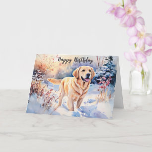 Cartão Watercolor Labrador Cachorro Em Neve Feliz Anivers