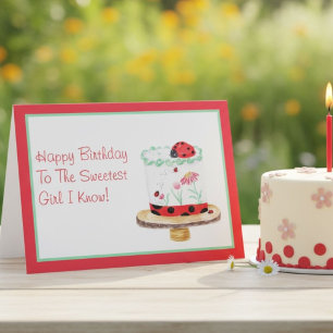 Cartão Watercolor Lady Bug Cake Happy Birday