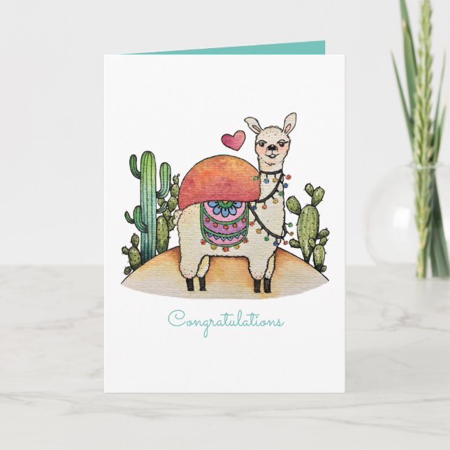 Cartão Watercolor Llama Com Cactus (Frente)