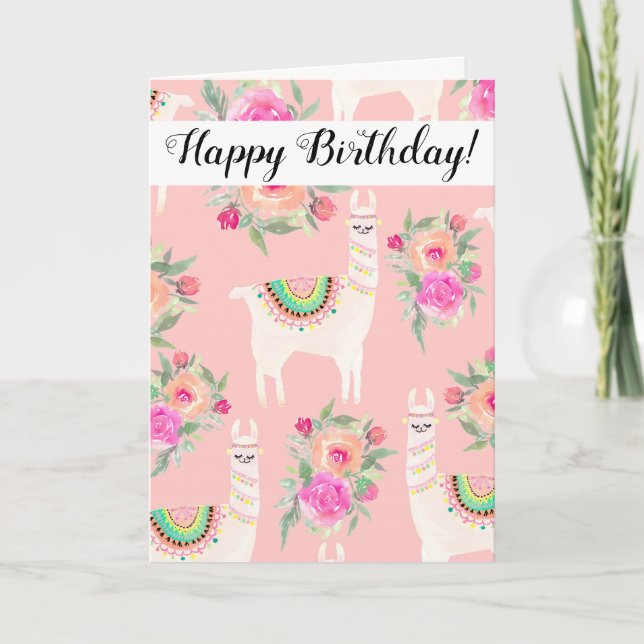 Cartão Watercolor Llama Floral Birthday (Frente)