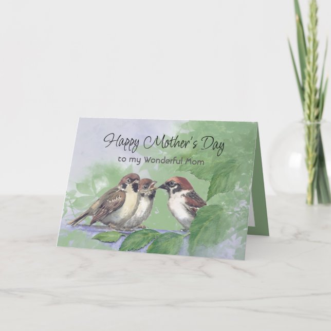 Cartão Watercolor Mother Sparrow Feeding Chicks (Frente)