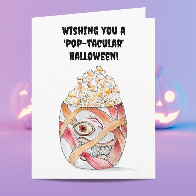 Cartão Watercolor Mummy Popcorn Happy Halloween (A fun unique watercolor Popcorn Halloween card for family and friends.)