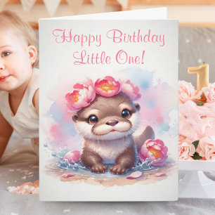 Cartão Watercolor Otter com Peonies Birthday