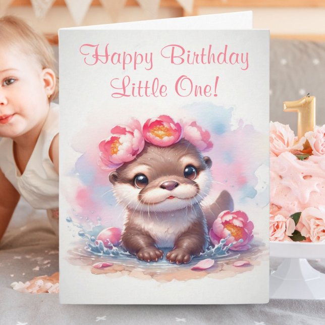 Cartão Watercolor Otter com Peonies Birthday (Adorable Otter wearing peonies on her head wishing someone a special Happy Birthday.)