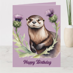 Cartão Watercolor Otter e Thistles Aniversário