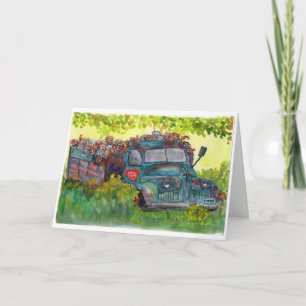Cartão watercolor painting old truck full of rescue dogs