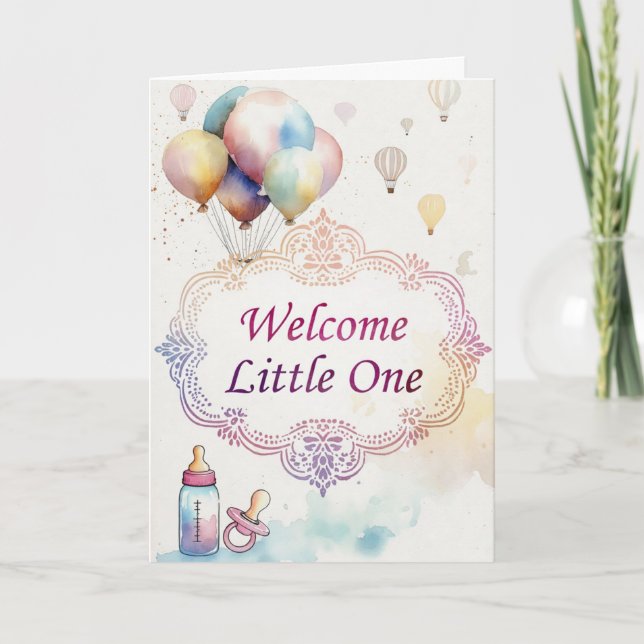 Cartão Watercolor Pink and Purple Frame Baby Shower Card (Frente)