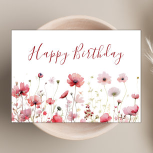 Cartão Watercolor Pink Boho Wildflower Happy Birday