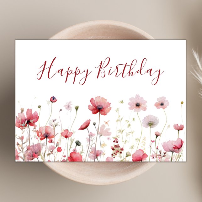Cartão Watercolor Pink Boho Wildflower Happy Birday (Criador carregado)