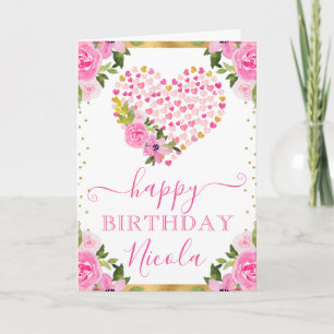 Cartão Watercolor Pink Dourado Hearts Flowday