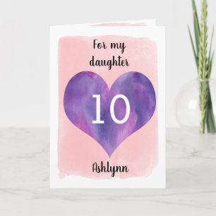 Cartão Watercolor Pink e Purple Heart 10th Birthday