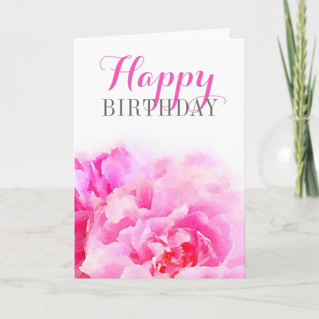 Cartão Watercolor Pink Peony Floral Birday (Frente)
