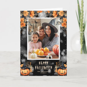 Cartão Watercolor Pumpkins Family Photo Happy Halloween