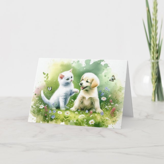 Cartão Watercolor Puppy e Kitten Aniversário (Frente)