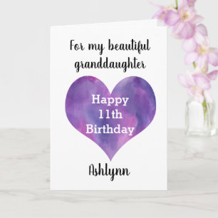 Cartão Watercolor Purple Heart 11th Birthday Granddaughte
