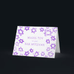 Cartão Watercolor Purple Stars MAZEL TOV Bar Bat Mitzvah<br><div class="desc">Uma carta perfeita para o MAZEL TOV enviar para um morcego mitzvah, bar mitzvah ou outra comemoração judaica! A mão fez a aquarela arte para você na frente e no dentro vazio! TOTALMENTE PERSONALIZÁVEL! Clique em "Personalizar" acima para editar o texto. Clique em "editar usando a ferramenta design" para ajustar...</div>