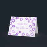 Cartão Watercolor Purple Stars MAZEL TOV Bar Bat Mitzvah<br><div class="desc">Uma carta perfeita para o MAZEL TOV enviar para um morcego mitzvah, bar mitzvah ou outra comemoração judaica! A mão fez a aquarela arte para você na frente e no dentro vazio! TOTALMENTE PERSONALIZÁVEL! Clique em "Personalizar" acima para editar o texto. Clique em "editar usando a ferramenta design" para ajustar...</div>