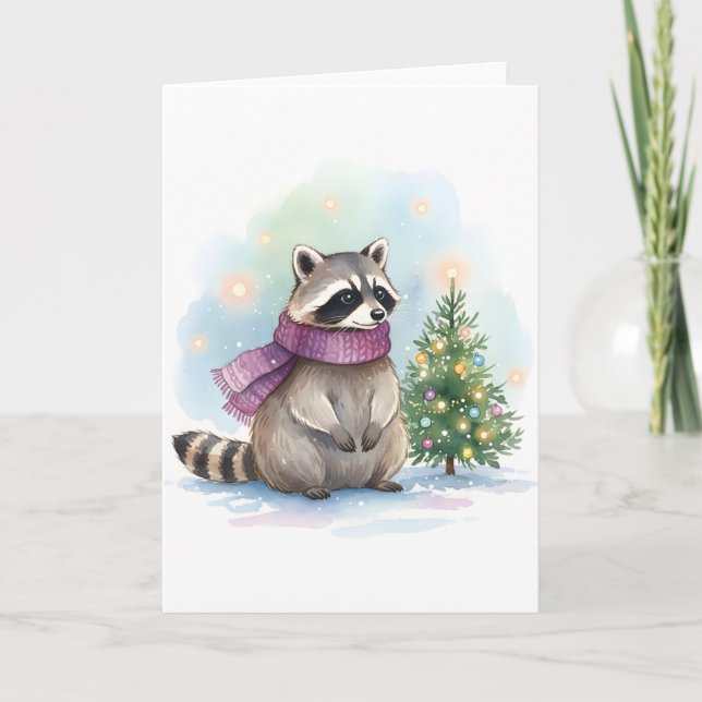 Cartão Watercolor Raccoon Cute Winter Woodland Holiday (Frente)