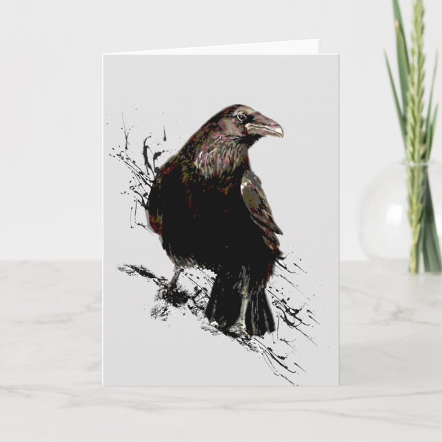 Cartão Watercolor Raven Bird Art (Frente)