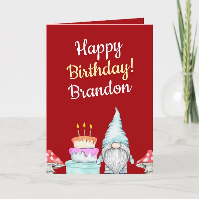 Cartão Watercolor Red Gnome Mushroom Birthday (Frente)