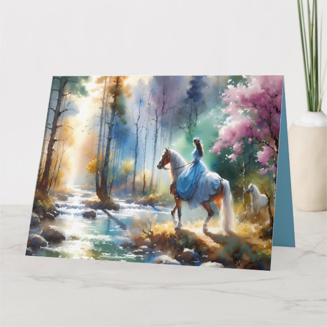 Cartão Watercolor River Horsewoman Forest Light (Frente)