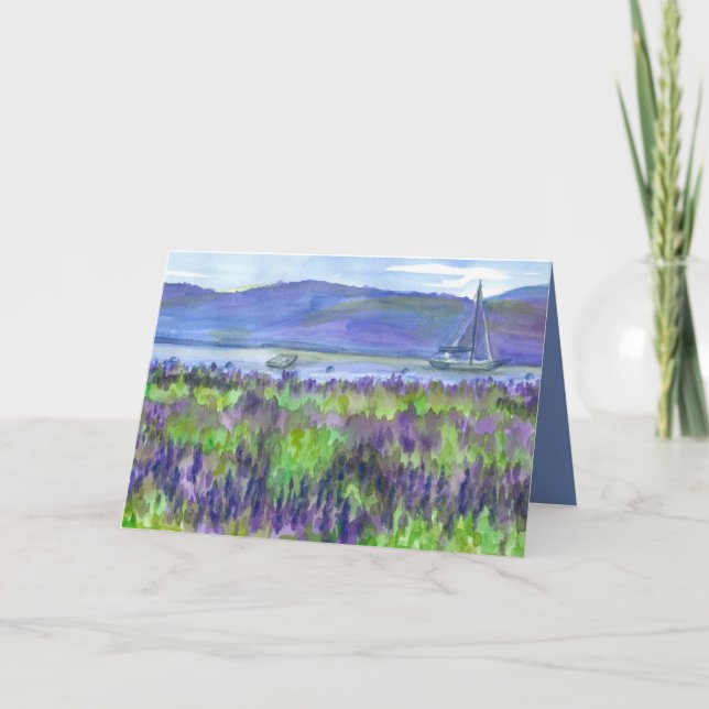 Cartão Watercolor Sailboat Lupines Feliz Aniversário (Frente)