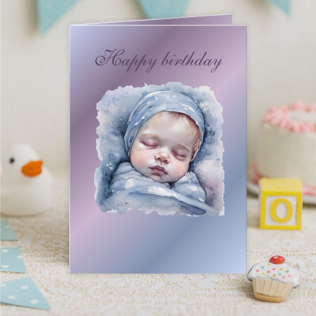 Cartão Watercolor Sleeping Baby Birthday Card,soft pastel (Criador carregado)