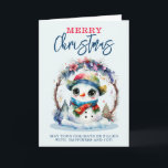 Cartão Watercolor Snowman<br><div class="desc">Uma imagem aquosa de um bonitinho Snowman vestindo um cachecol e chapéu,  com grandes olhos,  numa coroa de Natal</div>
