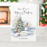 Cartão Watercolor Snowman e Feliz Saudação de Natal<br><div class="desc">Doce bonitão sorridente com pinheiro e árvore nua decorada com caligrafia Feliz de Natal. Dentro de mensagem.</div>