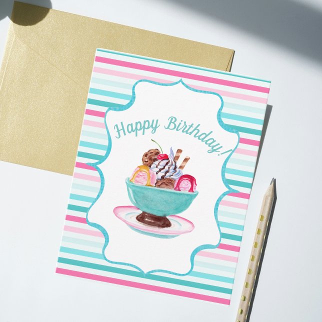 Cartão Watercolor Sorvete Sundae Birthday (Criador carregado)