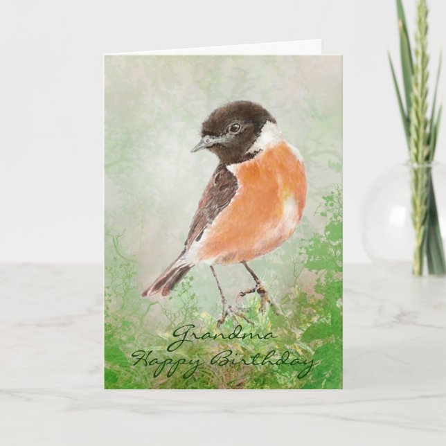 Cartão Watercolor Stonechat Bird Happy Birday Avó (Frente)