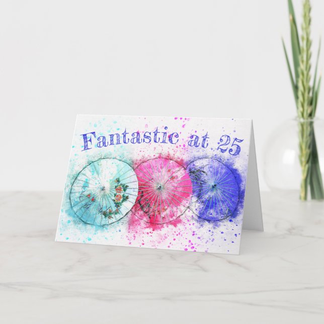 Cartão Watercolor Tropical Drink Umbrellas 25 Aniversário (Frente)
